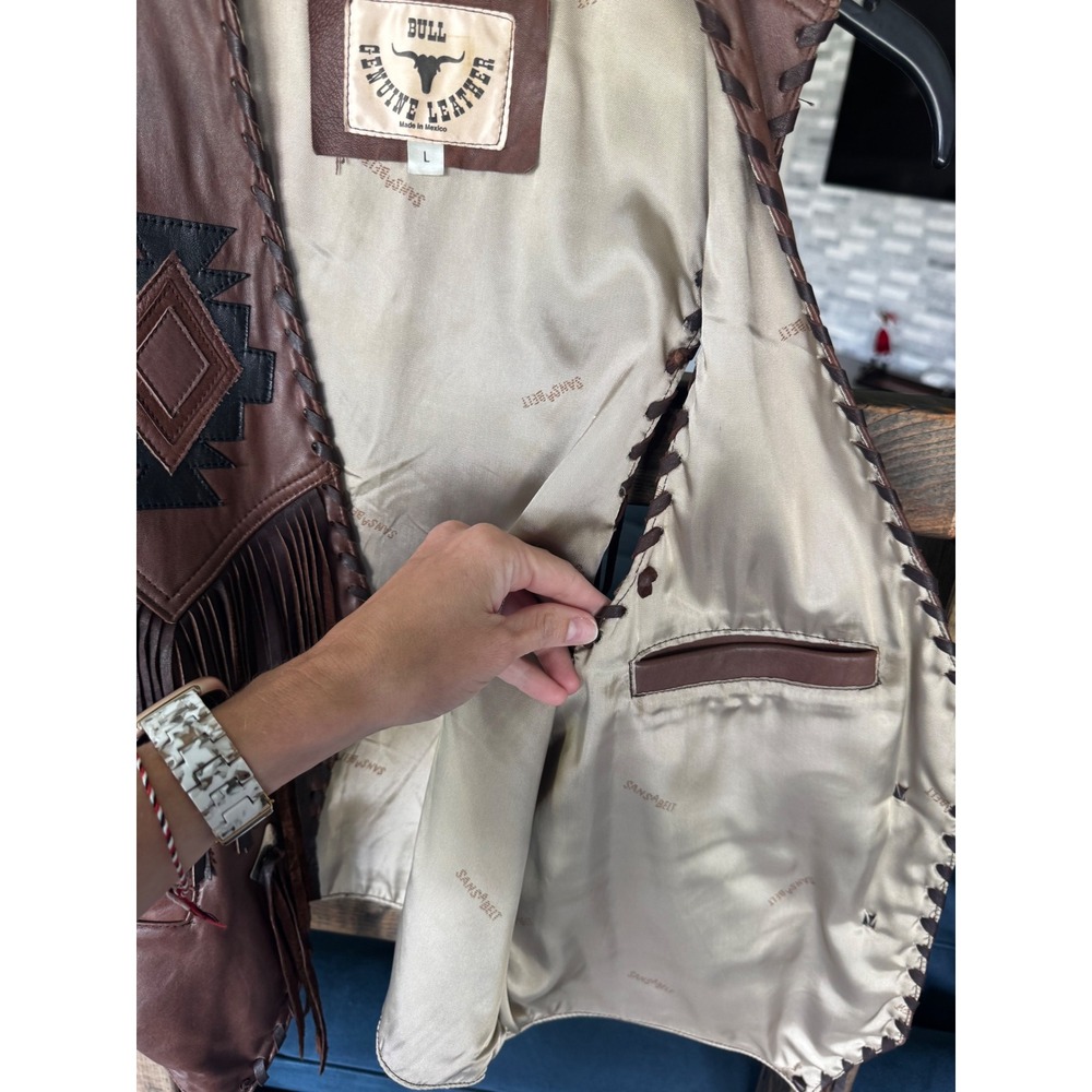 Vintage Bull Genuine Leather Western Fringe Vest Southwestern Whipstitch Mens L - Picture 6 of 15